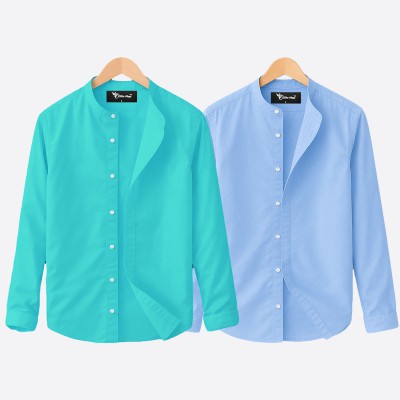 Oxford cotton fabric band collar shirt PEST-SKY