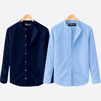 Oxford cotton fabric band collar shirt BLUE -SKY