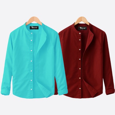Oxford cotton fabric band collar shirt MAROON -PEST