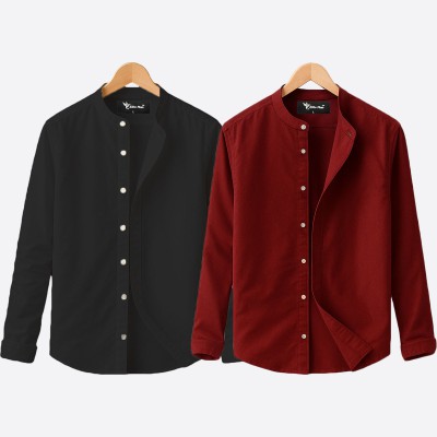 Oxford cotton fabric band collar shirt MAROON -BLACK
