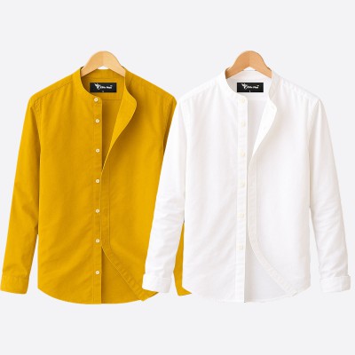 Oxford cotton fabric band collar shirt WHITE -KATHALI