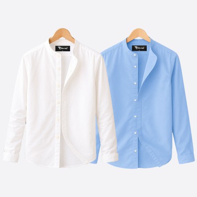 Oxford cotton fabric band collar shirt WHITE -SKY
