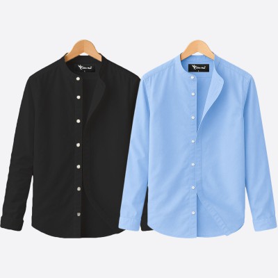 Oxford cotton fabric band collar shirt BLACK -SKY