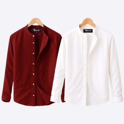 Oxford cotton fabric band collar shirt WHITE -MAROON