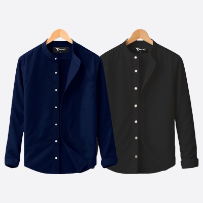 Oxford cotton fabric band collar shirt BLACK -BLUE
