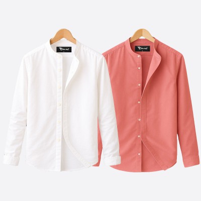 Oxford cotton fabric band collar shirt WHITE -PINK