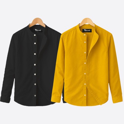 Oxford cotton fabric band collar shirt BLACK -KATHALI