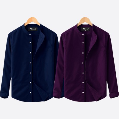 Oxford cotton fabric band collar shirt BLUE -JAME