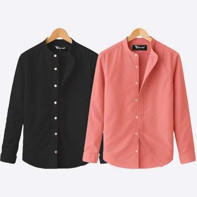 Oxford cotton fabric band collar shirt BLACK -PINK