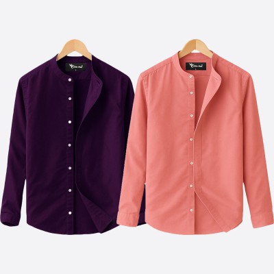 Oxford cotton fabric band collar shirt PINK -JAME