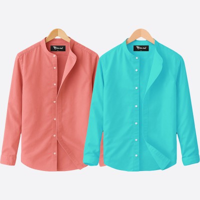 Oxford cotton fabric band collar shirt PEST-PINK