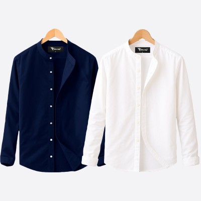 Oxford cotton fabric band collar shirt WHITE -BLUE