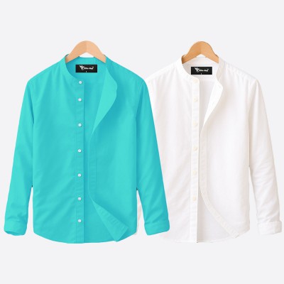 Oxford cotton fabric band collar shirt WHITE PEST