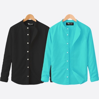 Oxford cotton fabric band collar shirt BLACK -PEST