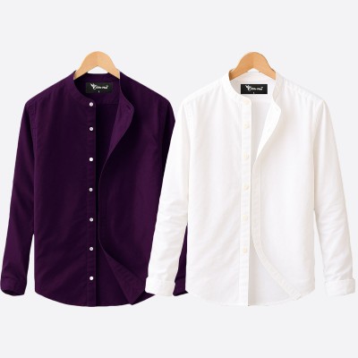 Oxford cotton fabric band collar shirt WHITE-JAME
