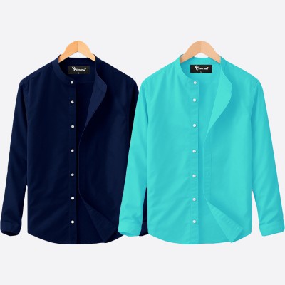 Oxford cotton fabric band collar shirt PEST -BLUE