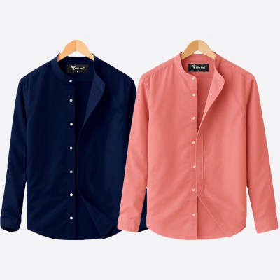 Oxford cotton fabric band collar shirt PINK -BLUE