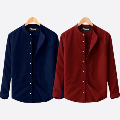 Oxford cotton fabric band collar shirt MAROON-BLUE
