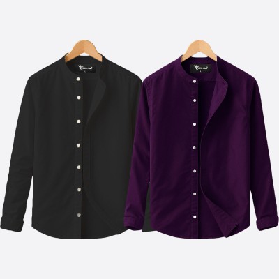 Oxford cotton fabric band collar shirt BLACK - JAME