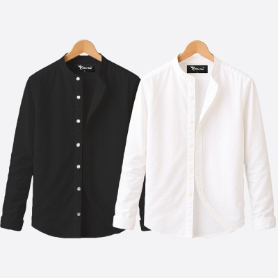 Oxford cotton fabric band collar shirt BLACK -WHITE