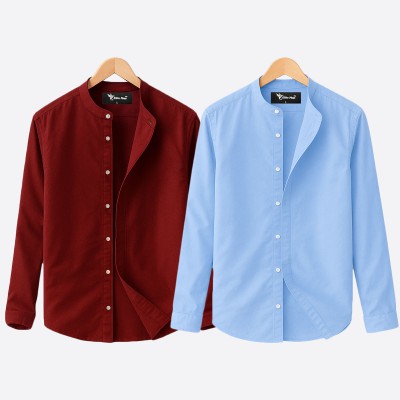 Oxford cotton fabric band collar shirt MAROON -PEST