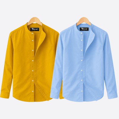 Oxford cotton fabric band collar shirt KATHALI -SKY