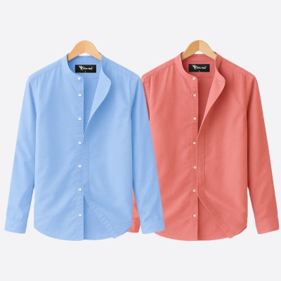 Oxford cotton fabric band collar shirt PINK -SKY