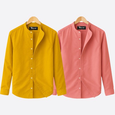 Oxford cotton fabric band collar shirt PINK -KATHALI