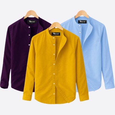 Oxford cotton fabric band collar shirt SKY -JAME-KATHALI