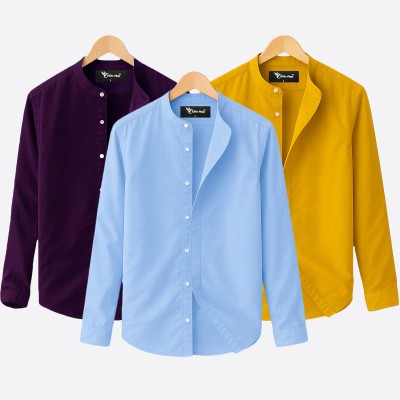 Oxford cotton fabric band collar shirt KATHALI -SKY -JAME