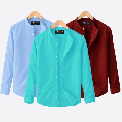 Oxford cotton fabric band collar shirt MAROON-PEST-SKY