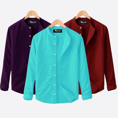Oxford cotton fabric band collar shirt JAME-PEST-MAROON