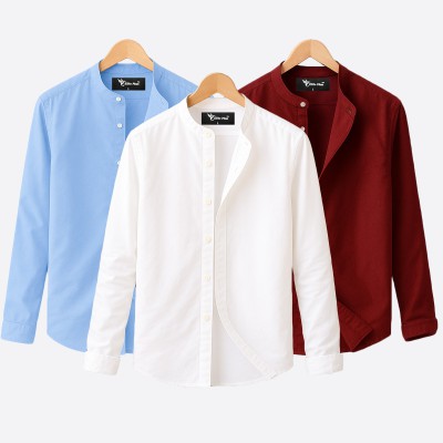 Oxford cotton fabric band collar shirt MAROON-WHITE-SKY
