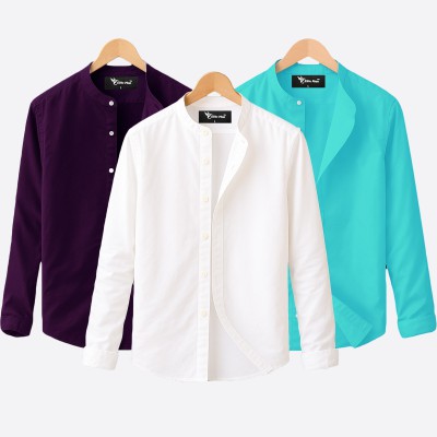 Oxford cotton fabric band collar shirt WHITE- PEST -JAME