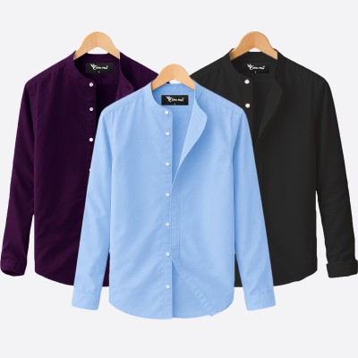 Oxford cotton fabric band collar shirt SKY-JAME -BLACK