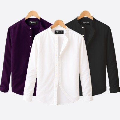 Oxford cotton fabric band collar shirt WHITE -BLACK-JAME