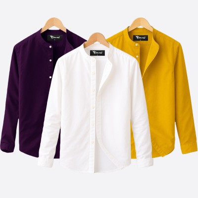 Oxford cotton fabric band collar shirt WHITE -KATHALI -JAME