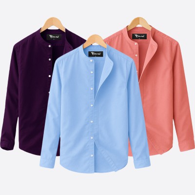 Oxford cotton fabric band collar shirt SKY-PINK-JAME
