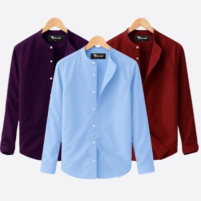 Oxford cotton fabric band collar shirt MAROON-JAME-SKY