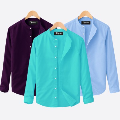 Oxford cotton fabric band collar shirt SKY-PEST-JAME
