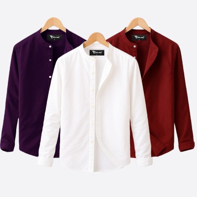 Oxford cotton fabric band collar shirt WHITE -JAME