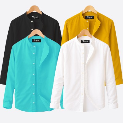 Oxford cotton fabric band collar shirt BLACK -WHITE -KATHALI -PEST