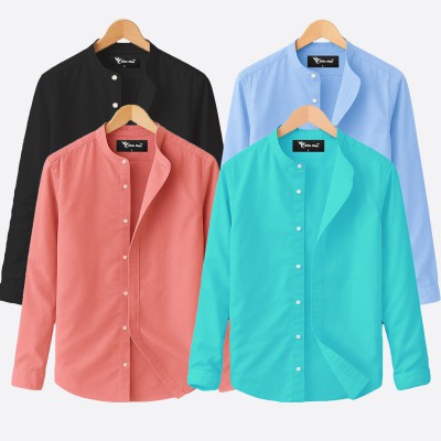 Oxford cotton fabric band collar shirt BLACK-PINK-SKY-PEST