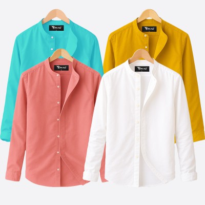 Oxford cotton fabric band collar shirt WHITE -PINK PEST-KATHALI