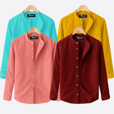 Oxford cotton fabric band collar shirt MAROON -PEST-PINK-KATHALI
