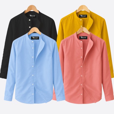 Oxford cotton fabric band collar shirt BLACK-SKY-PINK-KATHALI