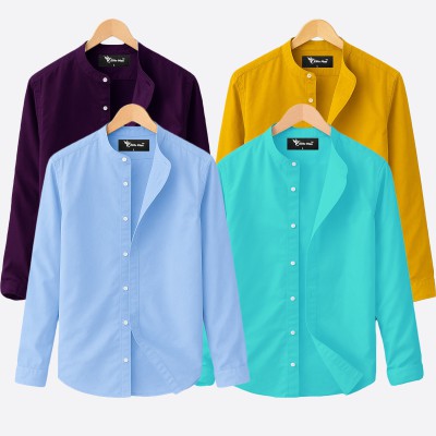Oxford cotton fabric band collar shirt PEST-SKY-KATHALI-JAME