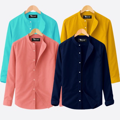 Oxford cotton fabric band collar shirt BLUE-PEST-PINK-KATHALI