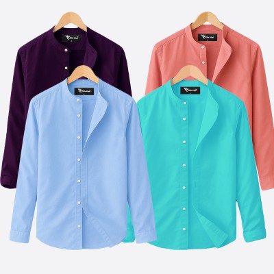 Oxford cotton fabric band collar shirt  PINK-SKY -JAME-PEST